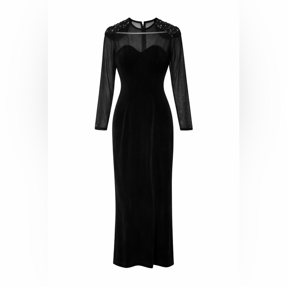 Vintage 90s Black Mesh Sequin Maxi Dress Sheer Goth Glam Femininde Evening Small